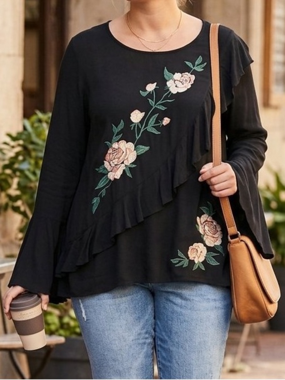 Umgee Blouse Top Black Bell Long-Sleeve Top Blush Rose Embroidery Ruffle large